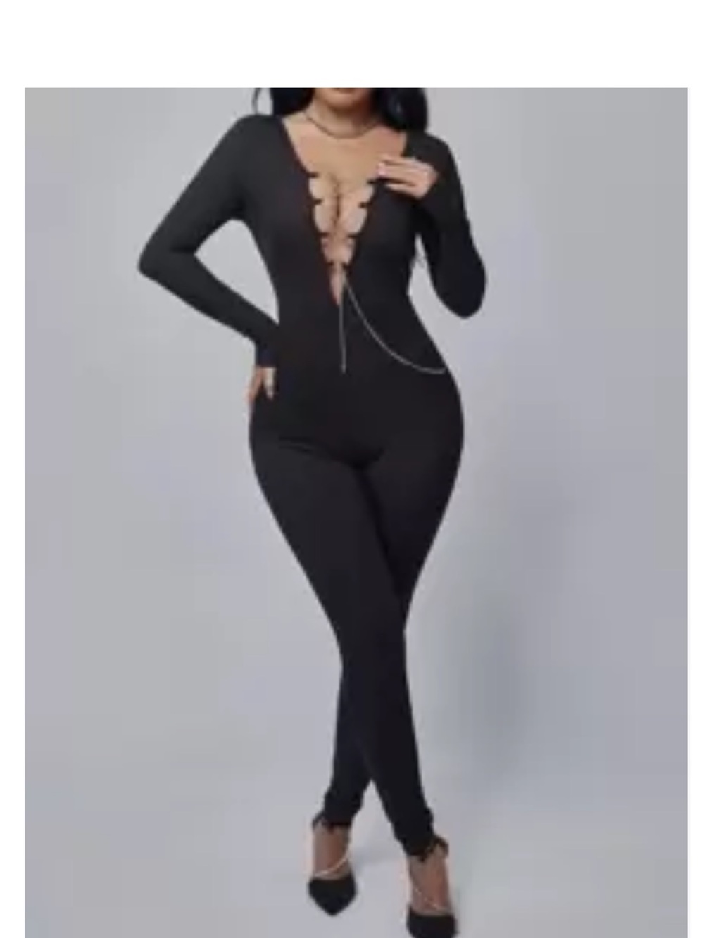 SHEIN Black Long-Sleeve Plunge Jumpsuit with Chain Accent